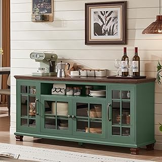 Large Sideboard Buffet Cabinet with Storage, Vintage Green Farmhouse 60" Wide Credenza Accent Cabinets with Glass Doors & Wood Legs, Kitchen Coffee Bar Table for Dining Room, Living Room