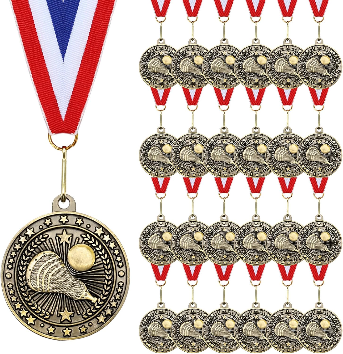 Cunno 48 Pcs Lacrosse Award Medals Bulk Gold Medals Trophy Award with Neck Ribbons Lacrosse Winner Prize Gift for Team Sports Participation Achievement Party Favors