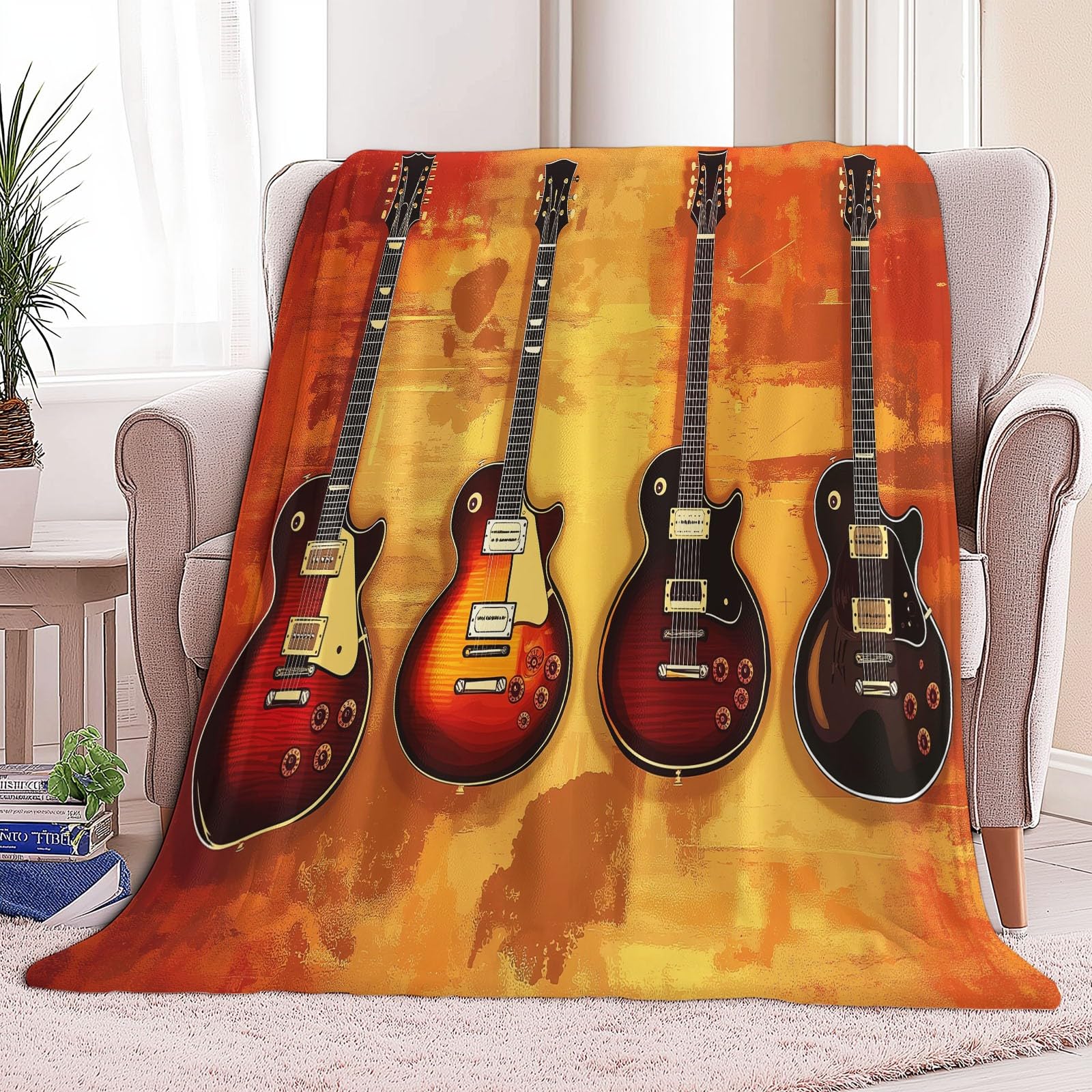 Generico Pomarańczowy kolor flanelowy koc z polaru do gitary elektrycznej abstrakcyjny miękki lekki koc 180 x 200 cm - nadaje się do łóżka kanapy kempingowej podróży leżak