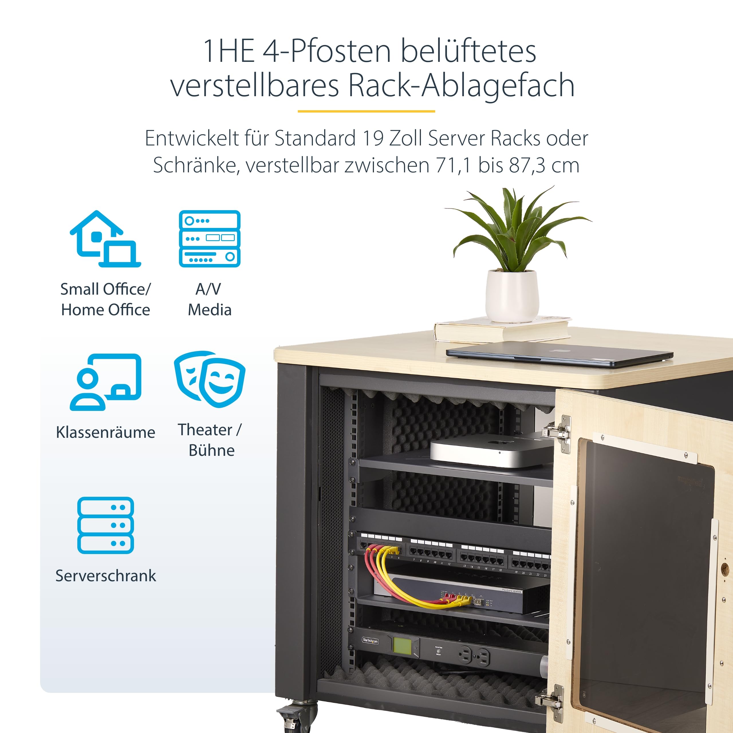 StarTech 1 HE 4-Pfosten Belüftetes Rack Fachboden, 68kg (ADJSHELFV-Rack) | Einbautiefe 71, 1-87, 3cm, EIA-310, Serverrack, Perforiert, M5 Käfigmuttern, 19 Zoll