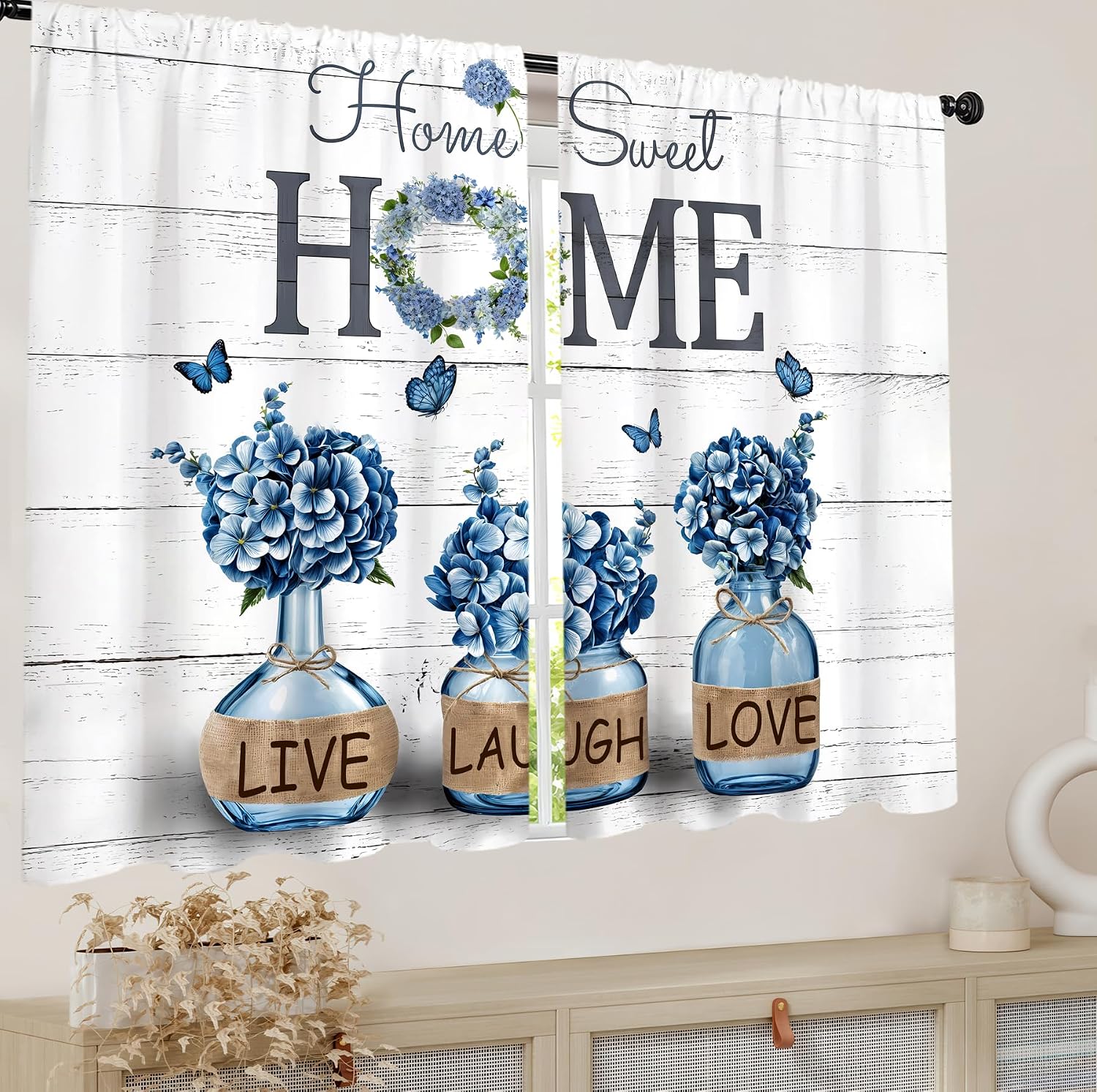 Farmhouse Blue Hydrangea Kitchen Curtains Rusitc Country Retro Vintage Home Sweet Small Short Cafe Tier Wooden Window Drapes Decor Bathroom Curtains Rod Pocket (27.5W X 39L Inch 2 Panels)