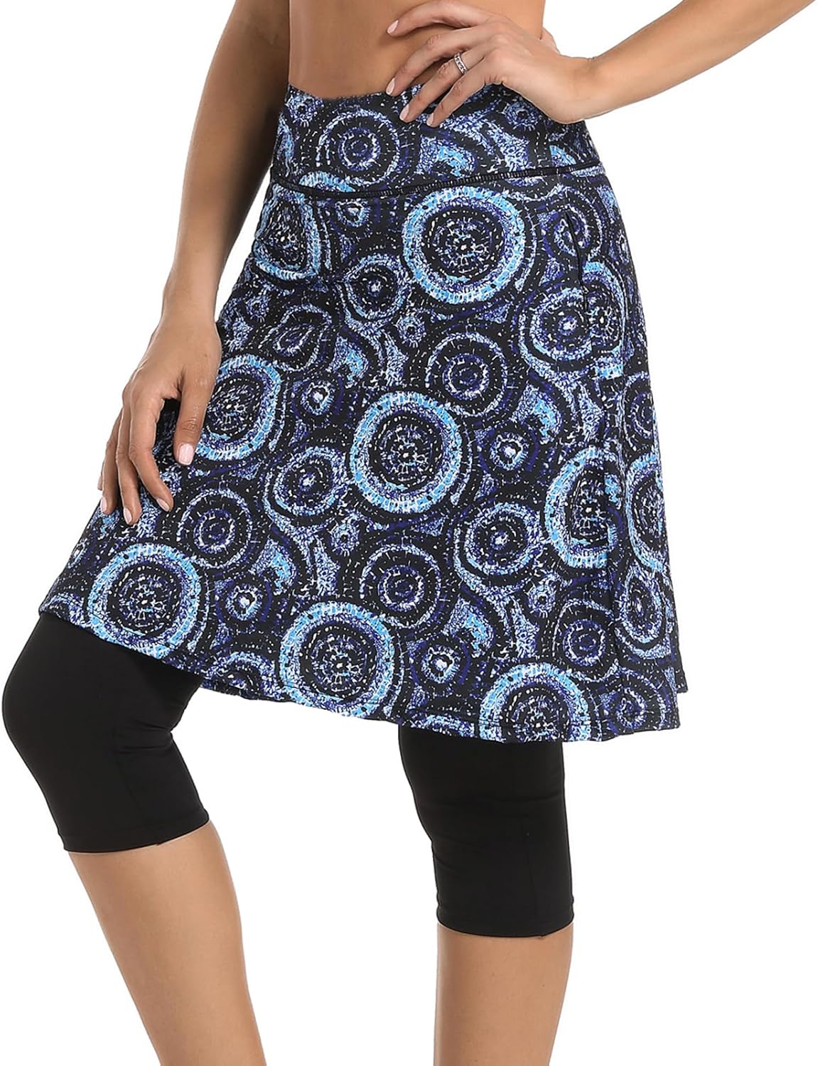Womens-Athletic-Skirts-Leggings 23" Midi-Length-Capris Modest-Golf-Skorts Workout-Running - Casual Tennis UV Protection Tummy Control with Pockets Blue Printed XXL