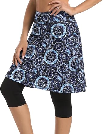 Womens-Athletic-Skirts-Leggings 23" Midi-Length-Capris Modest-Golf-Skorts Workout-Running - Casual Tennis UV Protection Tummy Control with Pockets Blue Printed XXL
