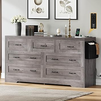DWVO Farmhouse 7 Drawer Dresser for Bedroom, 31.5 Inch Tall Modern Dresser TV Stand with Large Drawers & Bar Handles, Storage Dressers with Power Outlets, Rustic Wood Chest of Drawers, Grey