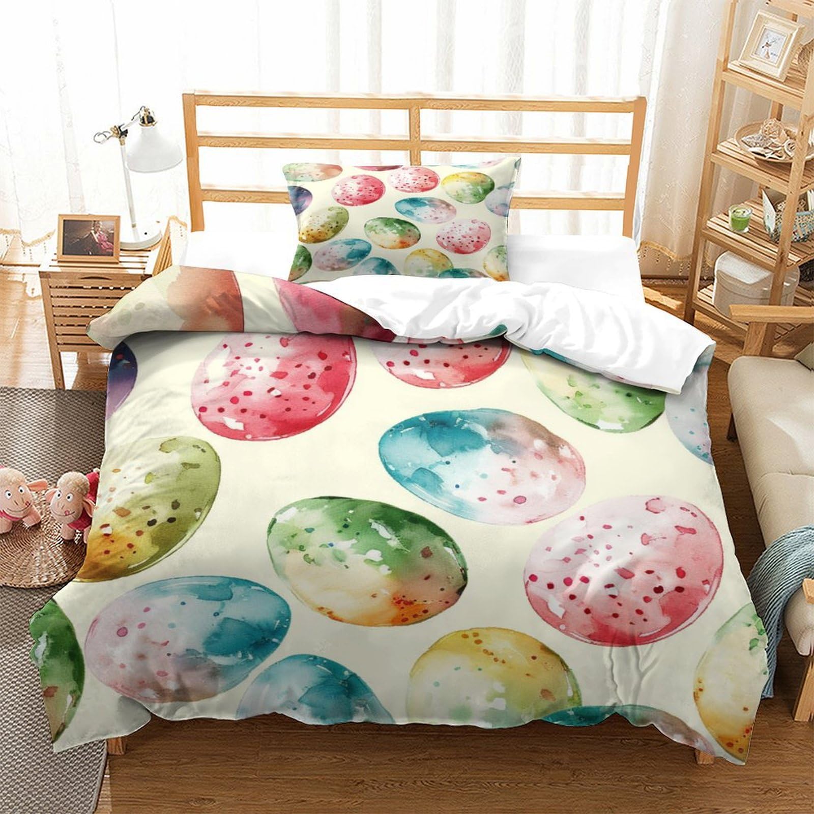 P1S9U7W5Y Watercolor Eggs 3D Printed Duvet Cover Set 3pcs Microfiber Decorative Eggs Bedding Set Single（135x200cm）