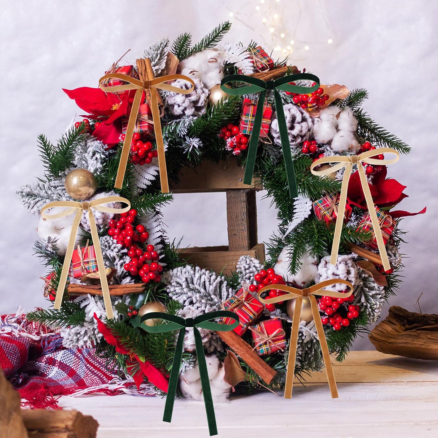 36 Pcs Christmas Velvet Bows Vintage Rustic Xmas Tree Velvet Ribbon for Stairs Wreath Fireplace Garland Home Decor Winter Party Indoor Outdoor(Khaki,Brown,Dark Green,5x7inch)