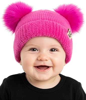 Funky Junque Baby Pom Pom Beanie, Warm Winter Hat for Infants and Toddlers, Chenille Double Pom Poms for Baby Girls & Boys