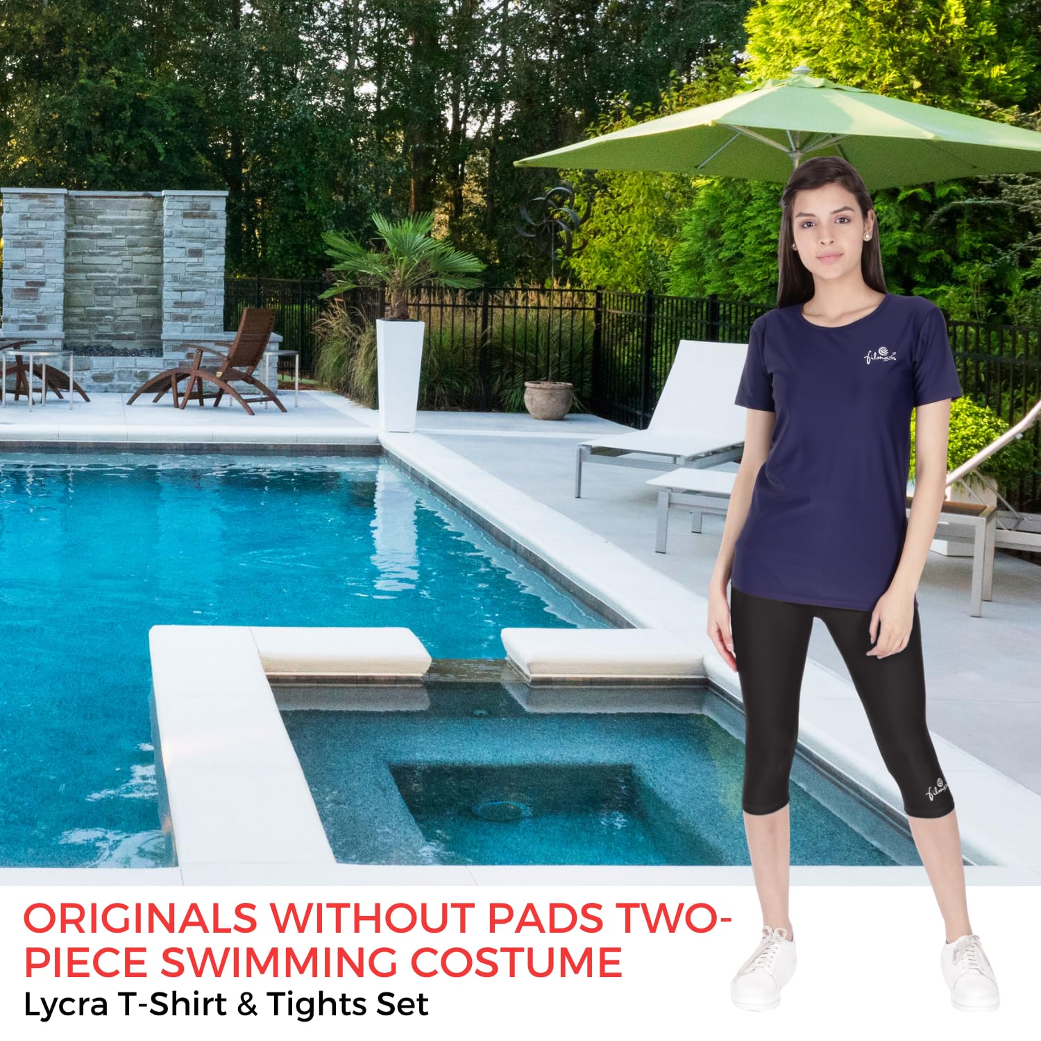 FILMAX® Originals Without Pads Two-Piece Swimming Costume Lycra T-Shirt & Tights Set for Women Wear (4682x4686-Navy Blue & Black_7XL)