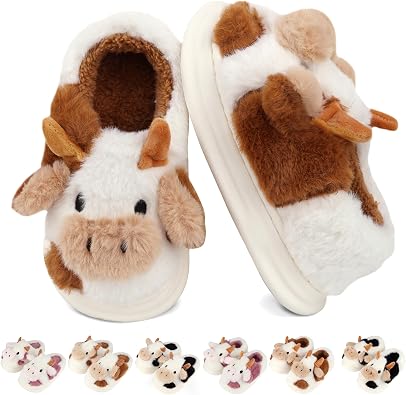 Kids Cow Slippers Toddler Slippers for Boys Girls Cute Animal Winter Warm Plush Indoor Outdoor Non-Slip Fuzzy Shoes with Memory Foam Insole