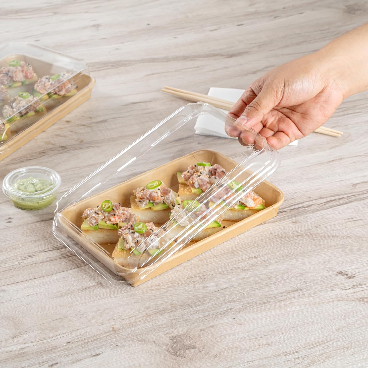 Restaurantware-LIDS ONLY: Matsuri Vision 8.8 x 5.5 x 1.2 Inch Lids For Sushi Containers, 100 Airtight Lids - Containers Sold Separately, No-Fog Design, Clear Plastic Dome Lids, For Sushi Boxes