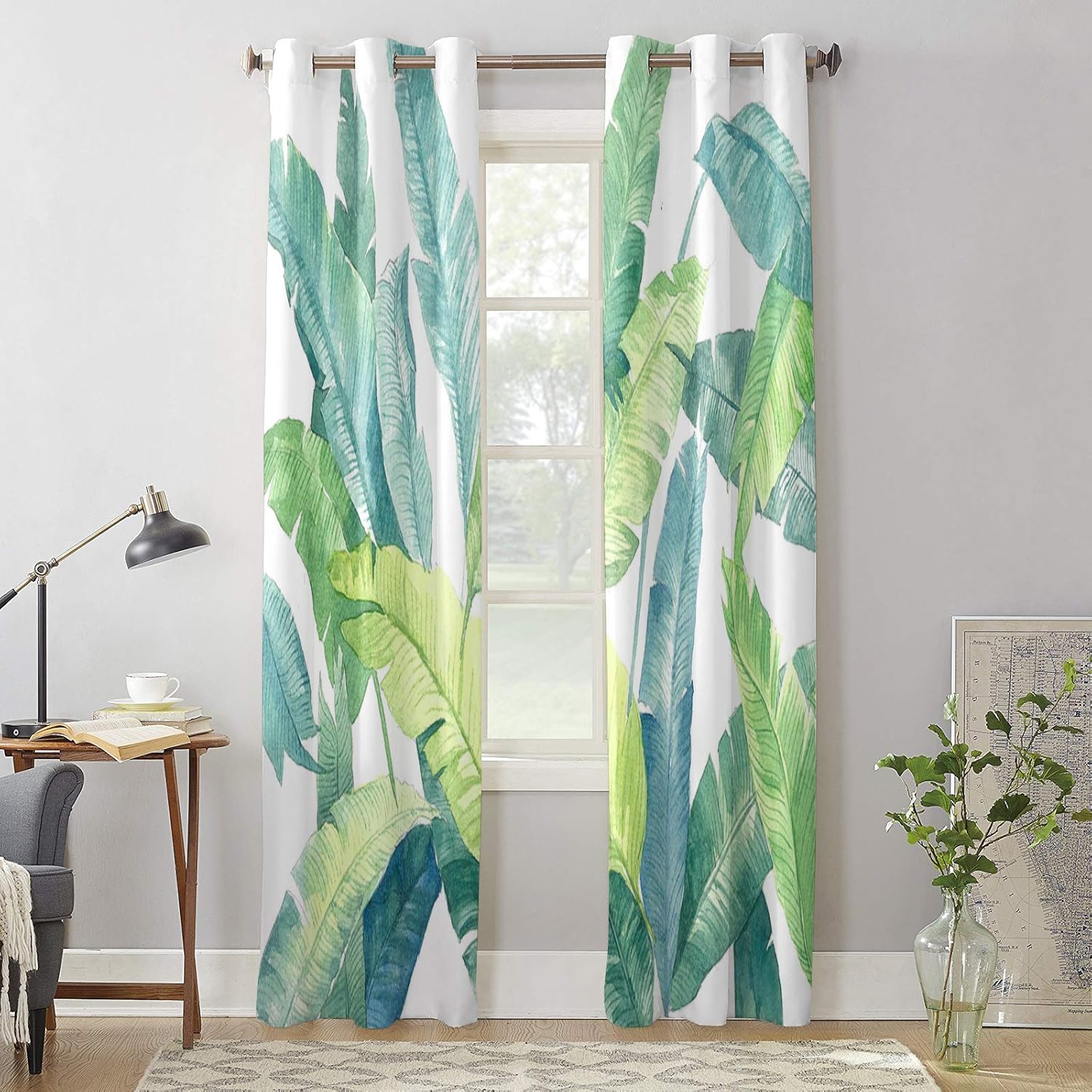 USOPHIA Semi Sheer Window Curtains Watercolor Tropical Plant Banana Leaf Print Drapes Grommet Top Window Voile Panels for Bedroom Living Room (52X96 Inch)