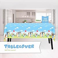 Vista 3 de Suministros y decoraciones de fiesta de cumpleaños de Bluey únicos - Toalla de mesa Bluey, platos, vasos, servilletas, botón