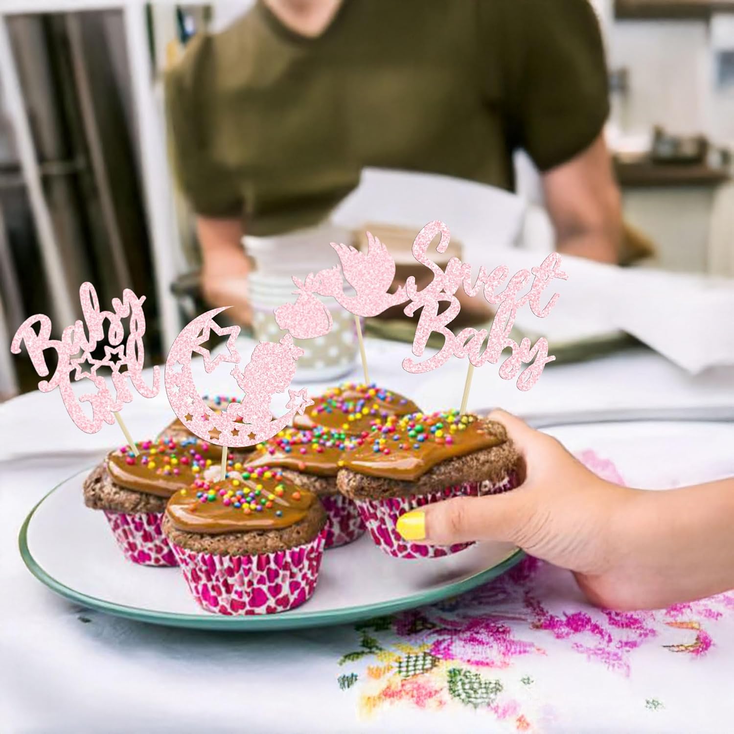 24Pcs Sweet Baby Girl Cupcake Toppers Moon Star Light Pink Glitter Baby Shower Cupcake Picks Decorations for Gender Reveal Baby Shower Kids Girls Birthday Party Supplies - Image 6