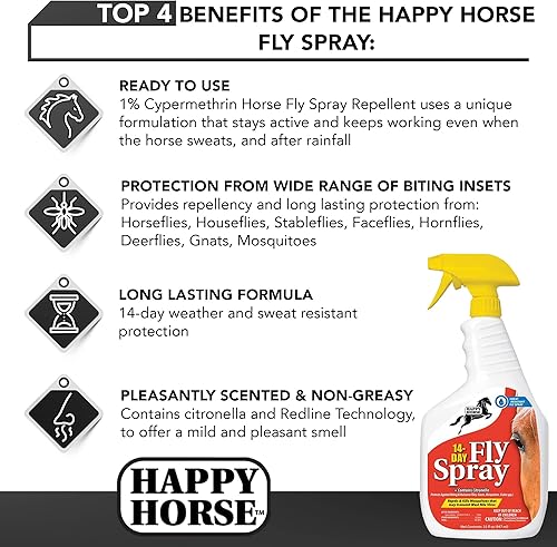 Miniatura 5 de Happy Horse - Aerosol para moscas de larga duración, resistente al sudor y a la intemperie, 32 onzas