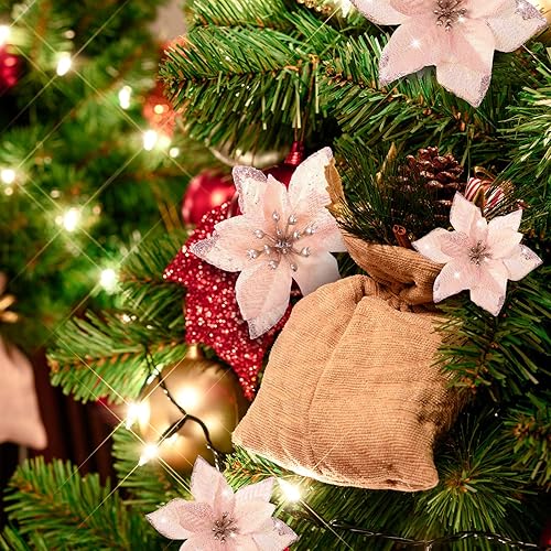 Miniatura 5 de 36 piezas de 3 tamaños de flores artificiales de Navidad con purpurina de Navidad para decoración de árbol de Navidad, Año Nuevo, decoración del