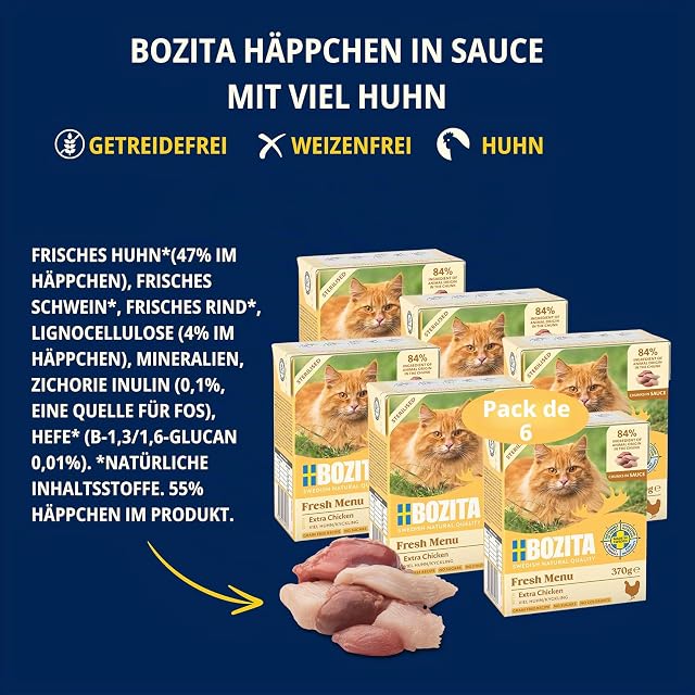 Foto 3 de 6 de Bozita Tetra - Canapés esterilizados en Salsa con Mucho Pollo, 6 x 370 g, sin Cereales, sin azúcar, Comida…
