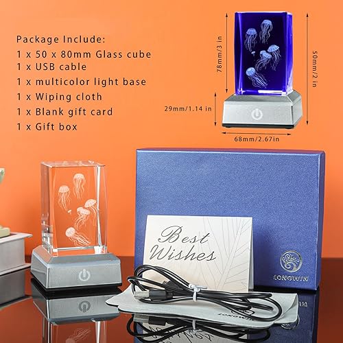 Miniatura 5 de LONGWIN Figuras de medusas de cristal 3D, luz nocturna multicolor, regalos grabados con láser de vidrio para niños y niñas en cumpleaños, Navidad,