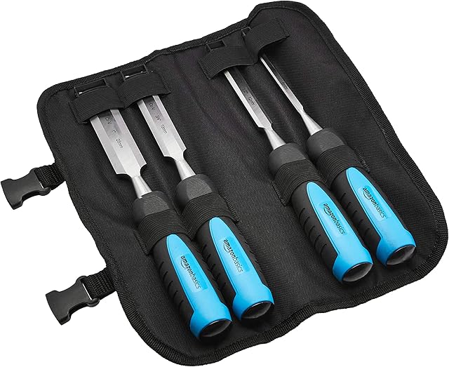 Amazon Basics 4-Piece Sturdy Chrome Vanadium Steel Woodworking Wood Chisel Set 1/4 Inch (6 mm) to 1 Inch (25mm), Plastic Handles with Carry Pouch