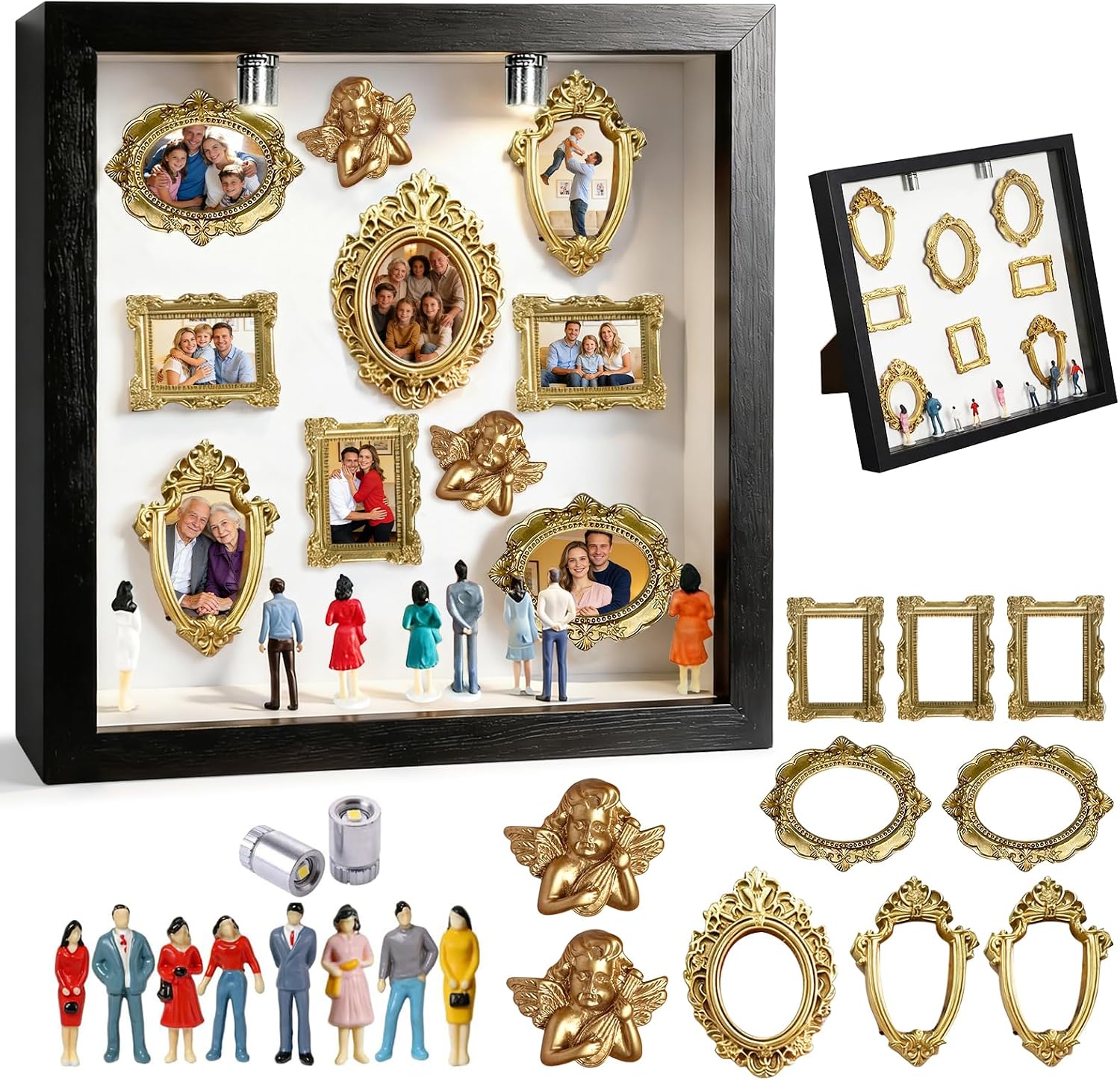 DIY Mini Museum Silhouette Box, Shadow Box Frame Kit with Gold Miniature Frames、Angel & Figurines, Custom Photo Family Memory Display Case Frame Set, for Anniversary, Wedding, Birthday & Home Decor