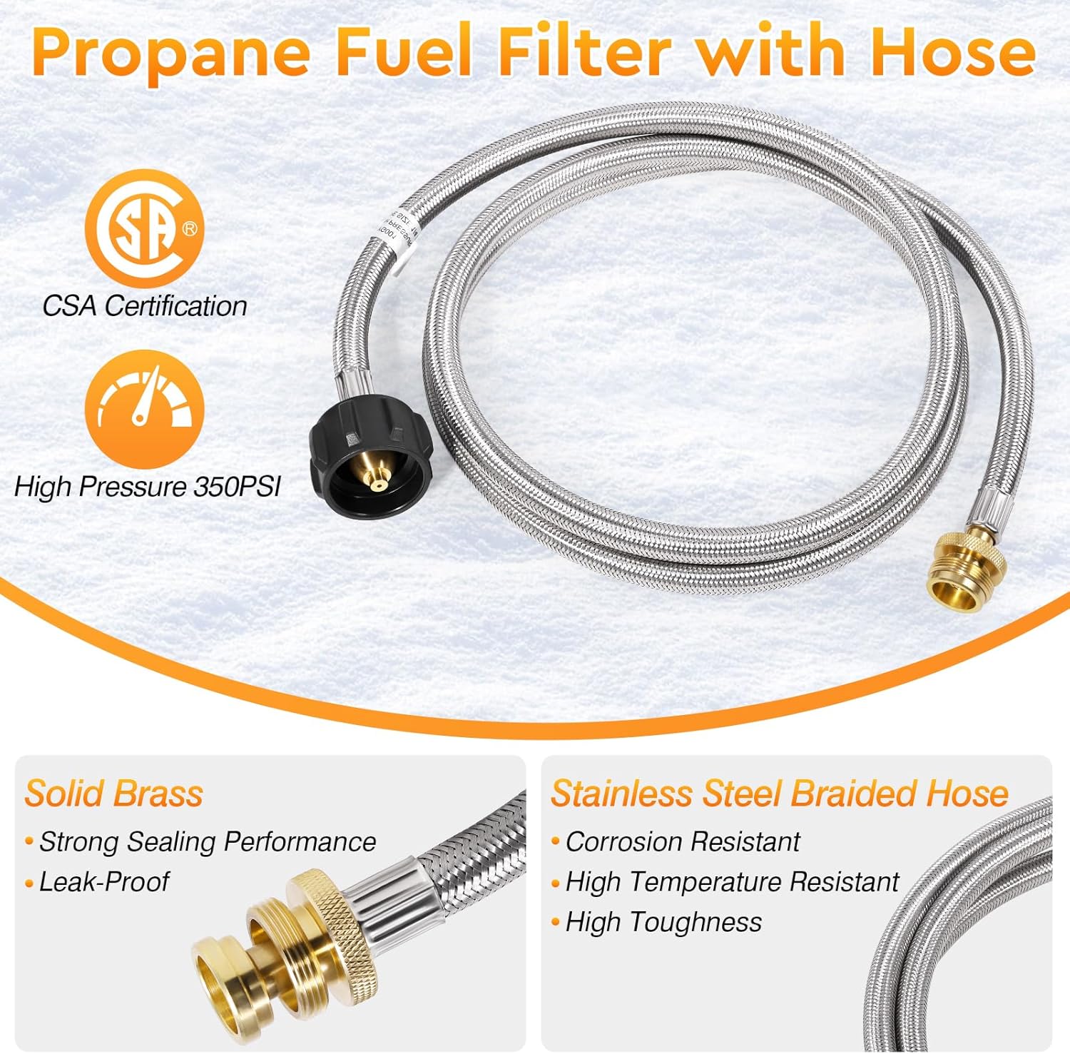6FT Propane Heater Hose for Portable Heaters, F273699 Propane Fuel Filter Compatible With Buddy-Style Portable Heaters, Detachable Heater Filter Connects to 5-40 lb Propane Tanks, Stainless Steel