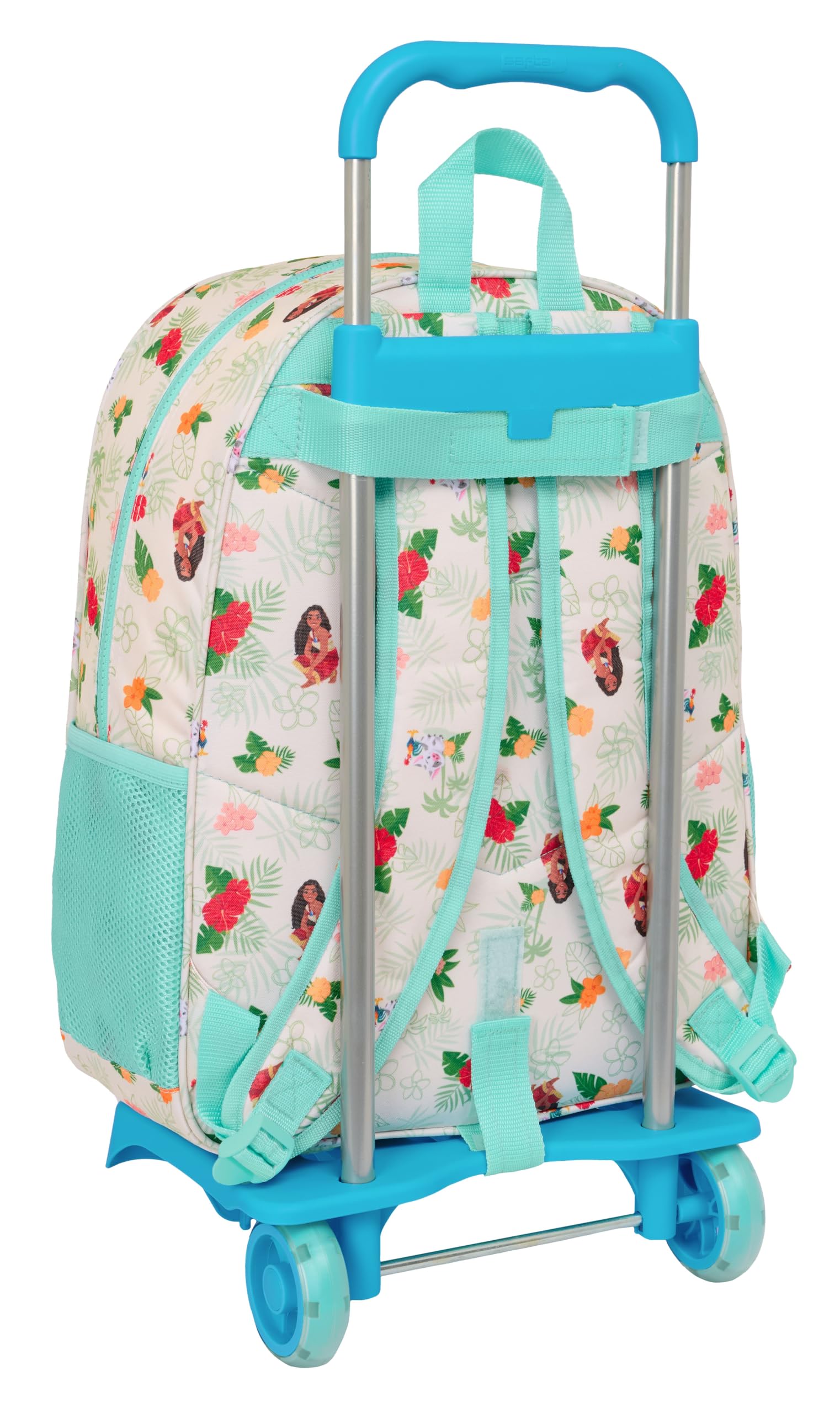 VAIANA - Mochila Escolar Grande con Carro, Mochila Niño, Mochila Infantil, Adaptable a Carro, Ideal para Niños en Edad Escolar, Cómoda y Versátil, Calidad y Resistencia, 33x15x42 cm, Color Beige/Azul