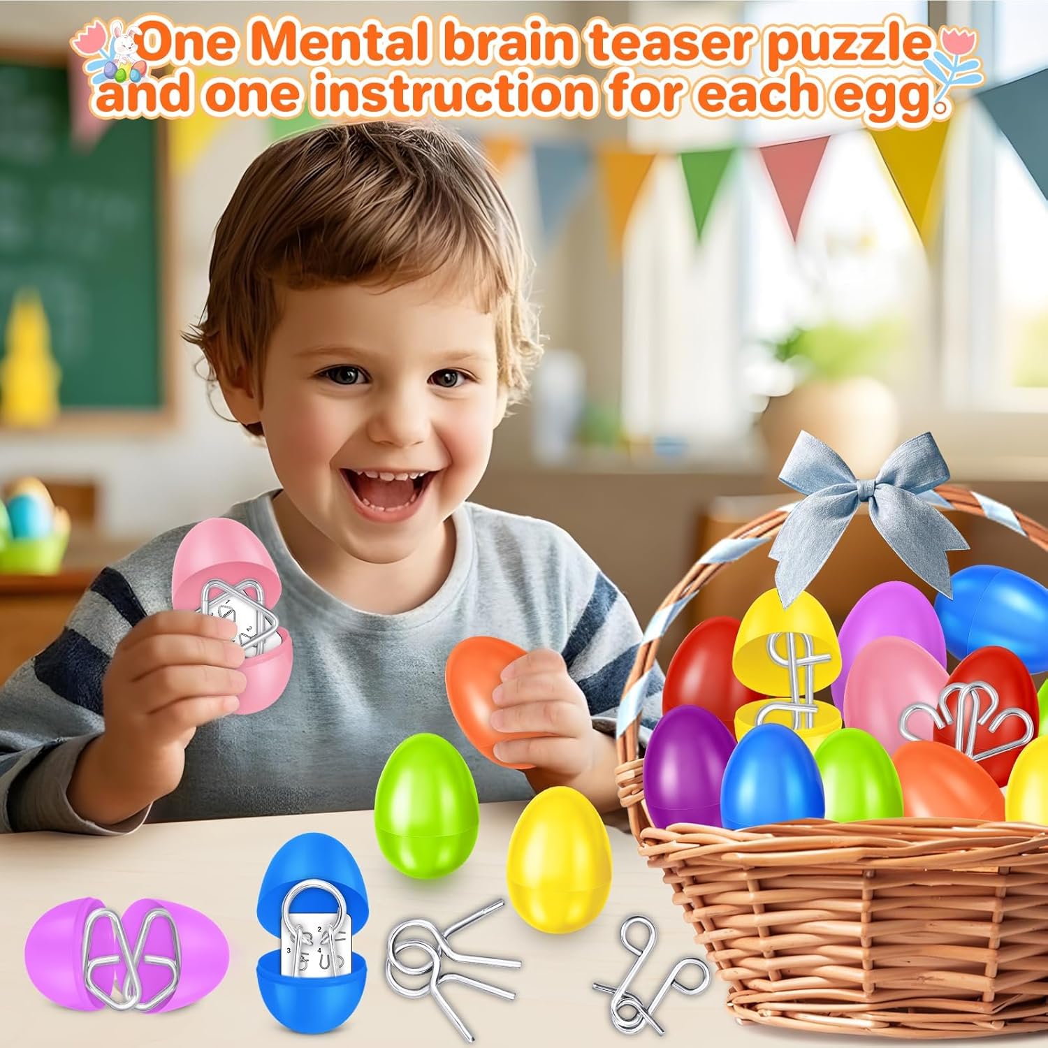 24 Pack Easter Basket Stuffers,Easter Eggs Filled with Metal Brain Teaser Puzzles Fidget Toys for Kids Party Favors Prefilled Easter Eggs with Toys,Filled Eggs For Easter Egg Hunt,Classroom Prizes