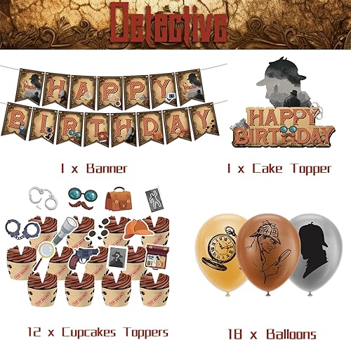 Miniatura 2 de Decoraciones de cumpleaños de detective, suministros de fiesta, incluye pancarta de detective, decoración de tartas, decoraciones de cupcakes,