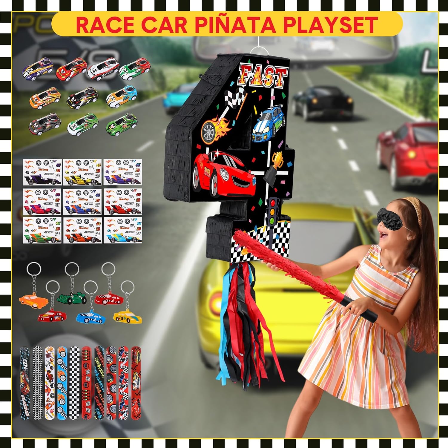 Pasimy Number 4 Piñata Race Car Party Favors Set with Black Red Birthday Piñata Stick Blindfold Slap Bracelet Keychain Sticker Racecar Party Gifts Birthday Decorations Goodie Bag Stuffer Supplies
