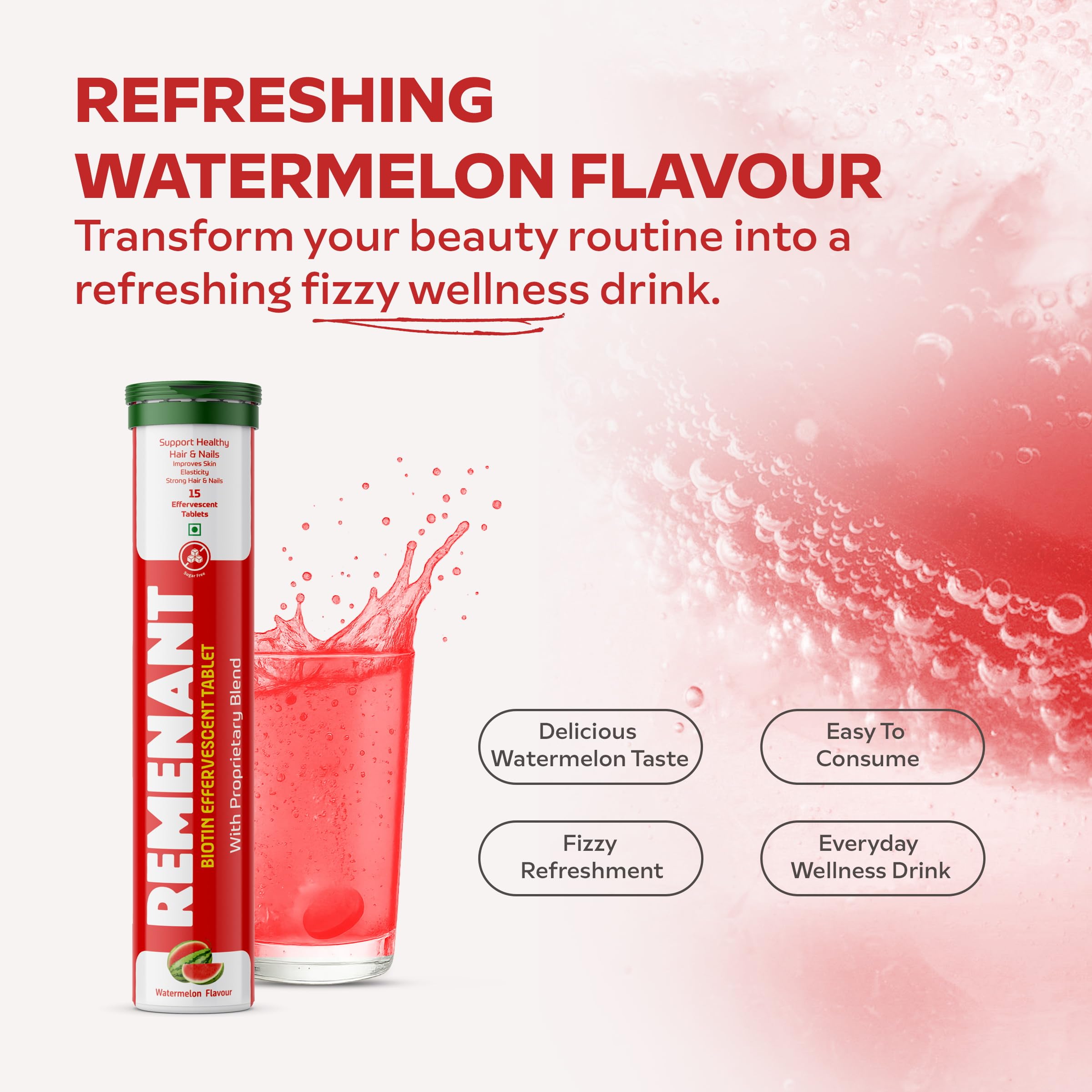 REMENANT Biotin Effervescent Tablets Watermelon Flavour | 10000 mcg Biotin with Proprietary Blend & Selenium | Fizzy Drink Tablets | Sugar Free | 15 Effervescent Tablets — Amazon image 3