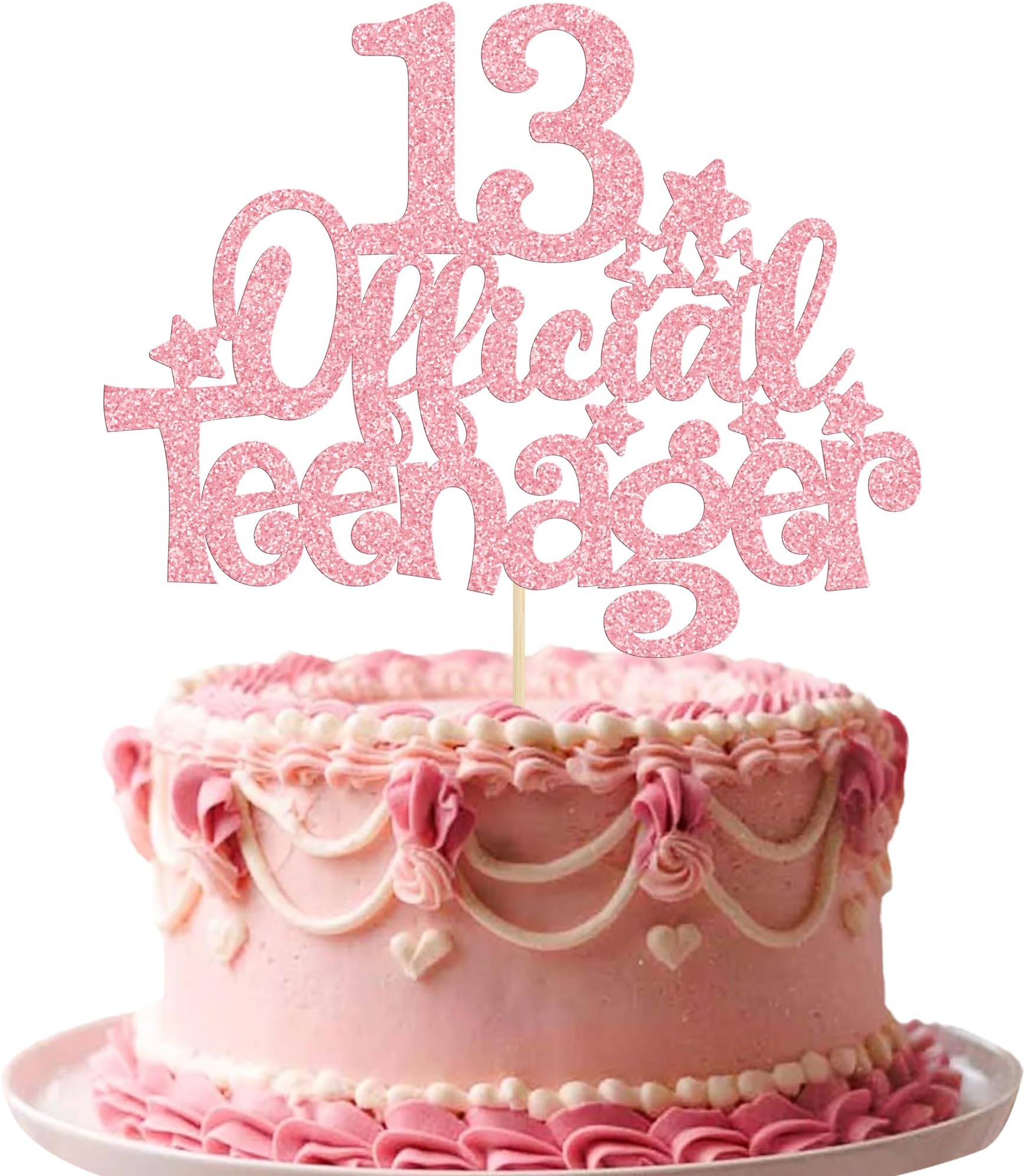 Gyufise 1Pcs 13 Official Teenager Cake Topper Glitter Happy 13th Birthday Cake Pick Decorations for Teen Cheers to 13 Years Birthday Party Supplies Pink