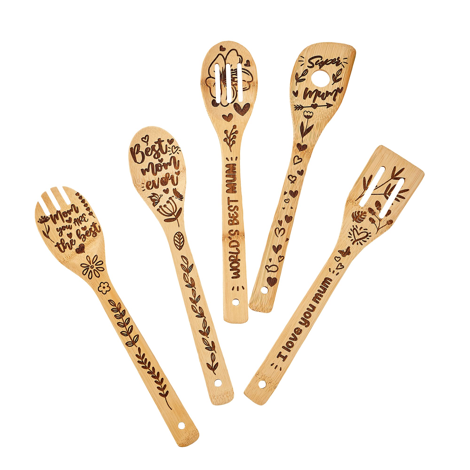 Wooden Spoons Cooking Gifts for Mother's Day, Kitchen Bamboo Cooking Utensils Accessories Set,5 Pcs