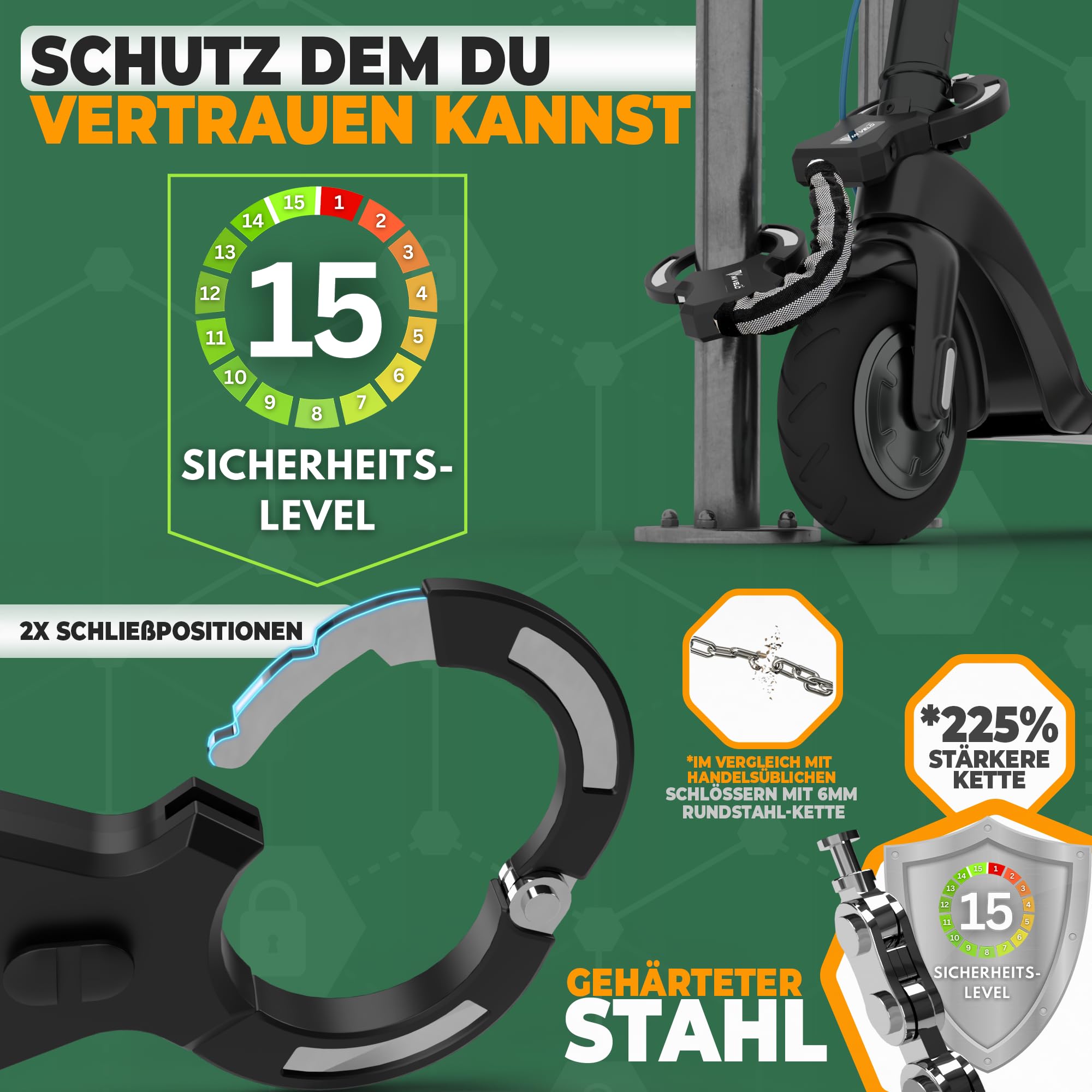 MIVELO E-Scooter Schloss extra sicher - Gelenkkettenschloss I Handschellenschloss für Elektroroller I Fahrradschloss hohe Sicherheit - Inkl. Halterung (PRO, mit Tasche)