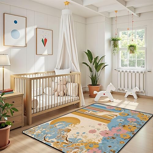 Miniatura 6 de Golden Feline Surrounded by 1970s Inspired Retro Designs Pastels Area Rug Outdoor Patio Rug Play Mat Modern Floor Carpet Non-Slip Home Decor Living