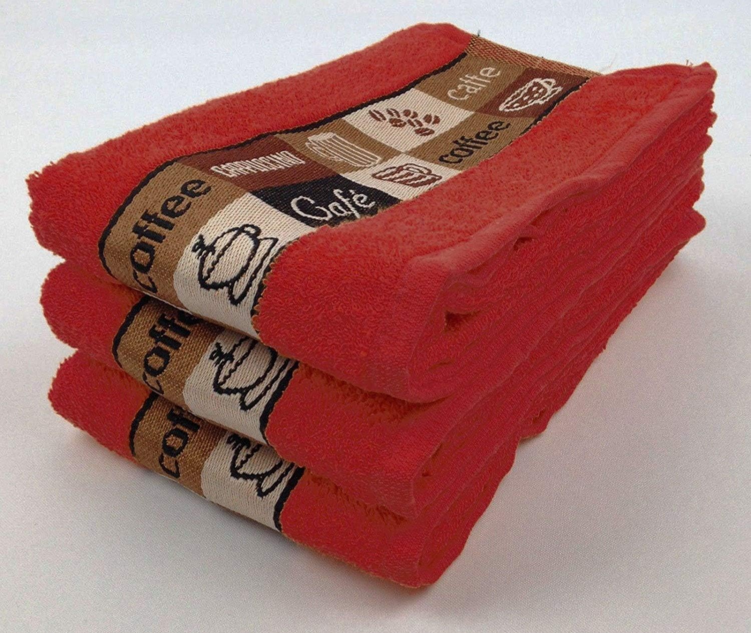Riggs 3 PACK Luxury Kitchen Hand Tea Towel, Cafe Cafe Coffee Cups (Red)