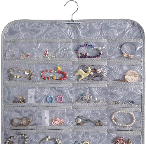 Miniatura 16 de BB Brotrade Organizador colgante de joyas, organizador de accesorios, organizador de 56 bolsillos para guardar joyas (Beige-56 bolsillos)