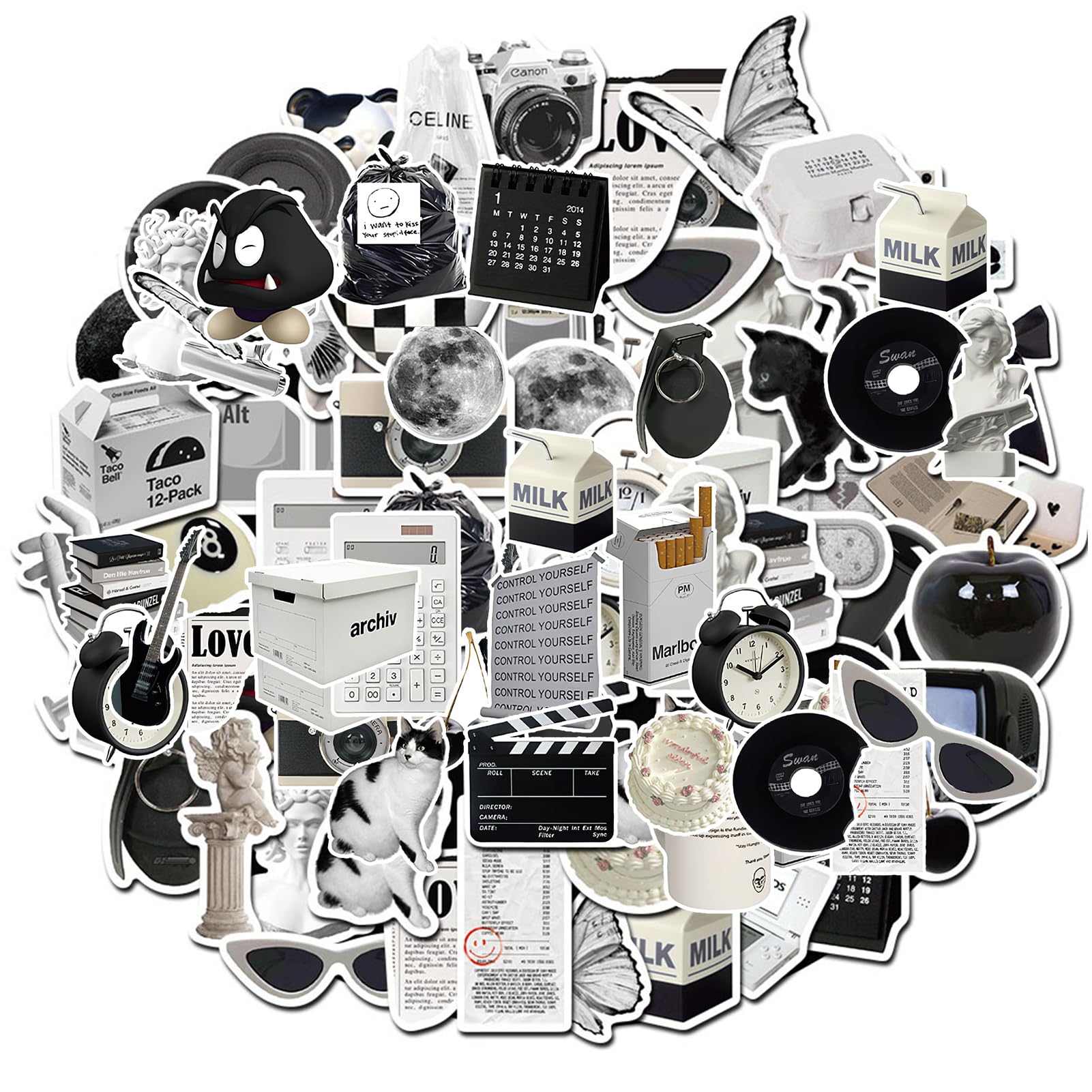 Stickers Pegatinas Aesthetic Negro y Blanco,Pegatinas Bullet Journal Kit,61pcs,para Cuaderno,Scrapbooking,Calendarios, equipaje,móvil,adolescentes,portátil,monopatín,botellas de agua