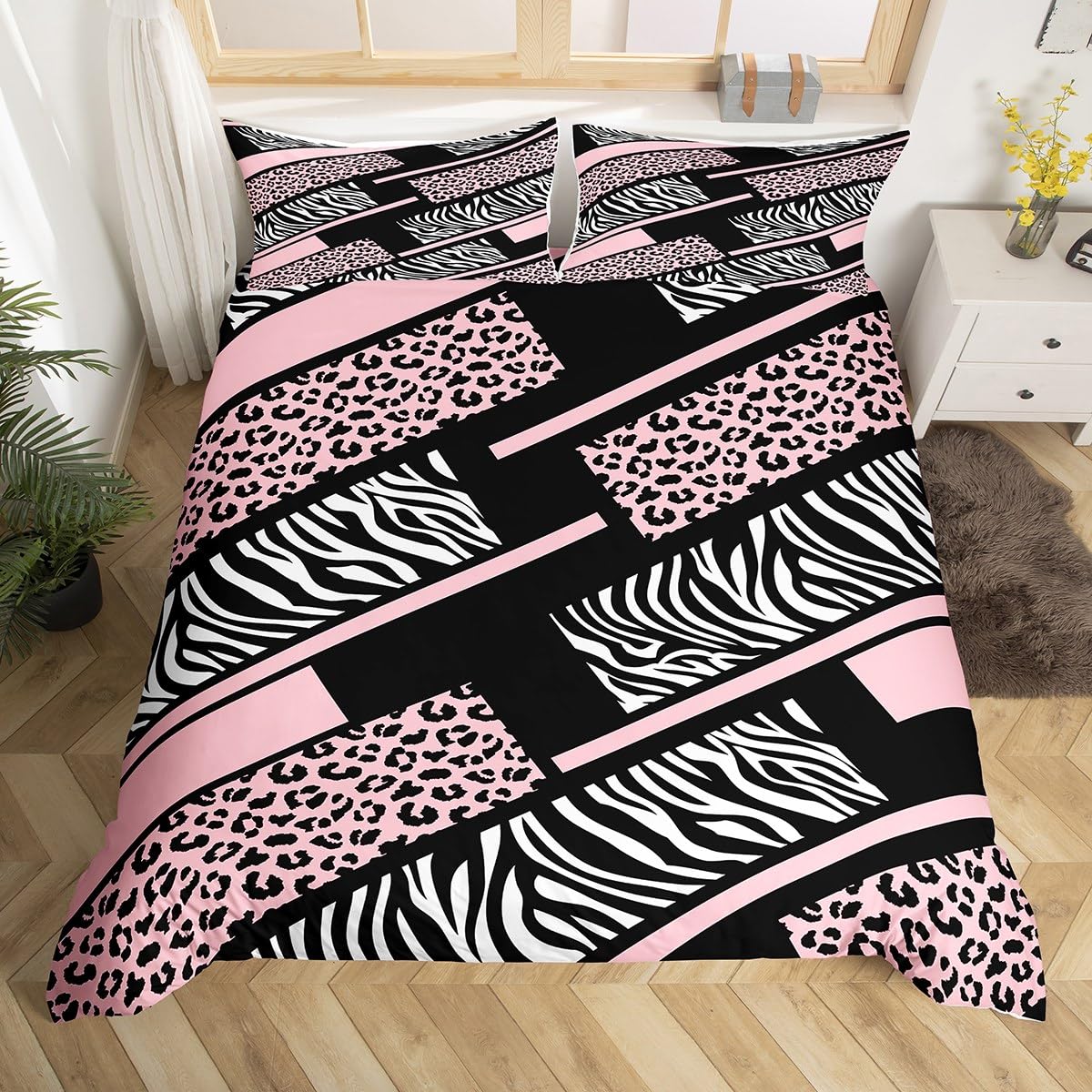 Manfei Pink Leopard Kids Duvet Cover Set Single Size, Cheetah Zebra Striped Print Comforter Cover
