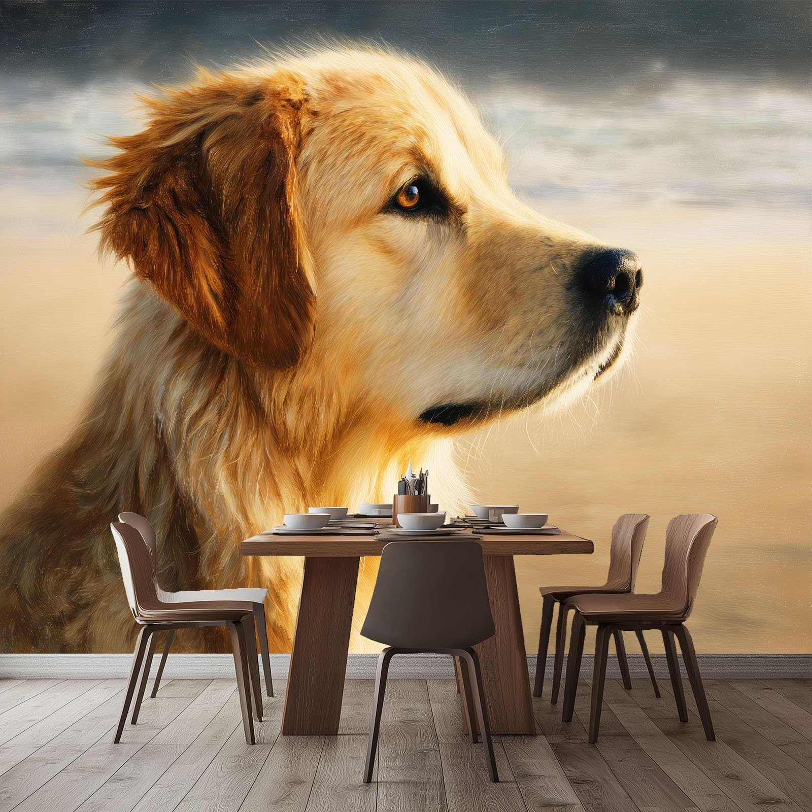 Ölgemälde Wandbild Fototapete 300 x 210 cm, Kinderzimmer Bar Büro Wohnzimmer Restaurant Bekleidungsgeschäft Flur Hotel Tier Hund Porträt Wanddekoration Wandkunst Wandposter