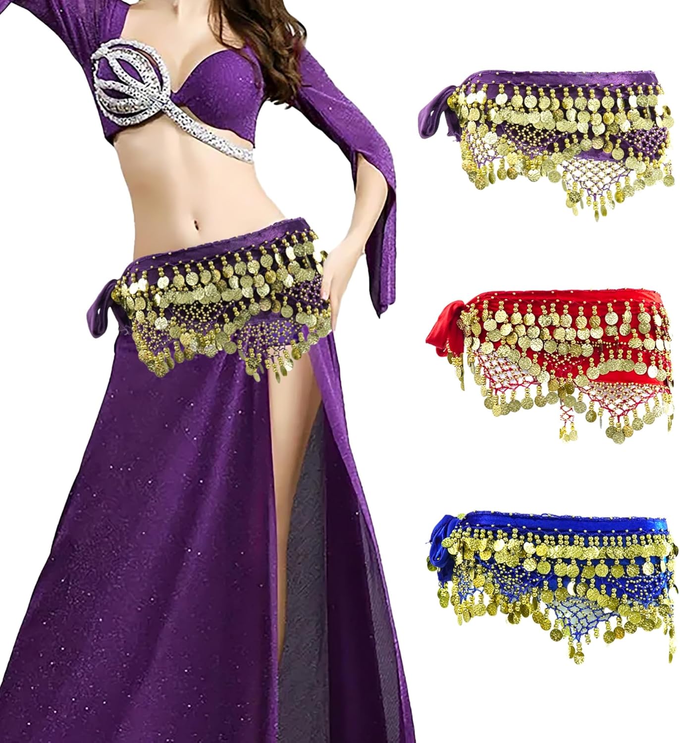 Baisdan 3pcs Belly Dance Scarves, Belly Dance Hip Scarf with Coins, Dancing Skirts for Women, Halloween Costume, 3Pack