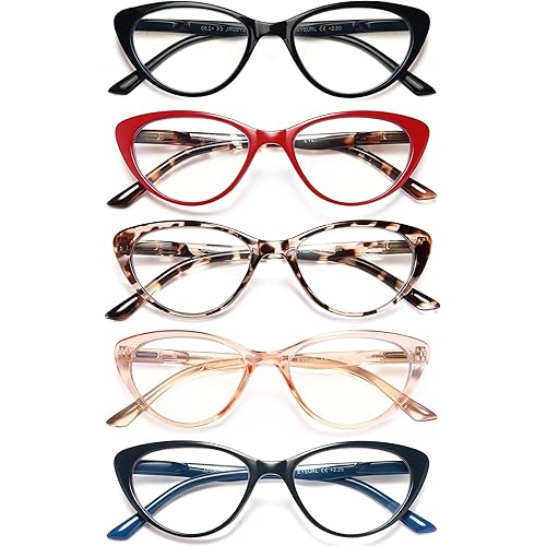 EYEURL 5-Pack Cat Eye Reading Glasses for Women- Men Blue Light Blocking Glasses Stylish Computer Readers for Women Anti Eyestrain & Glare with Spring Hinges,1.5