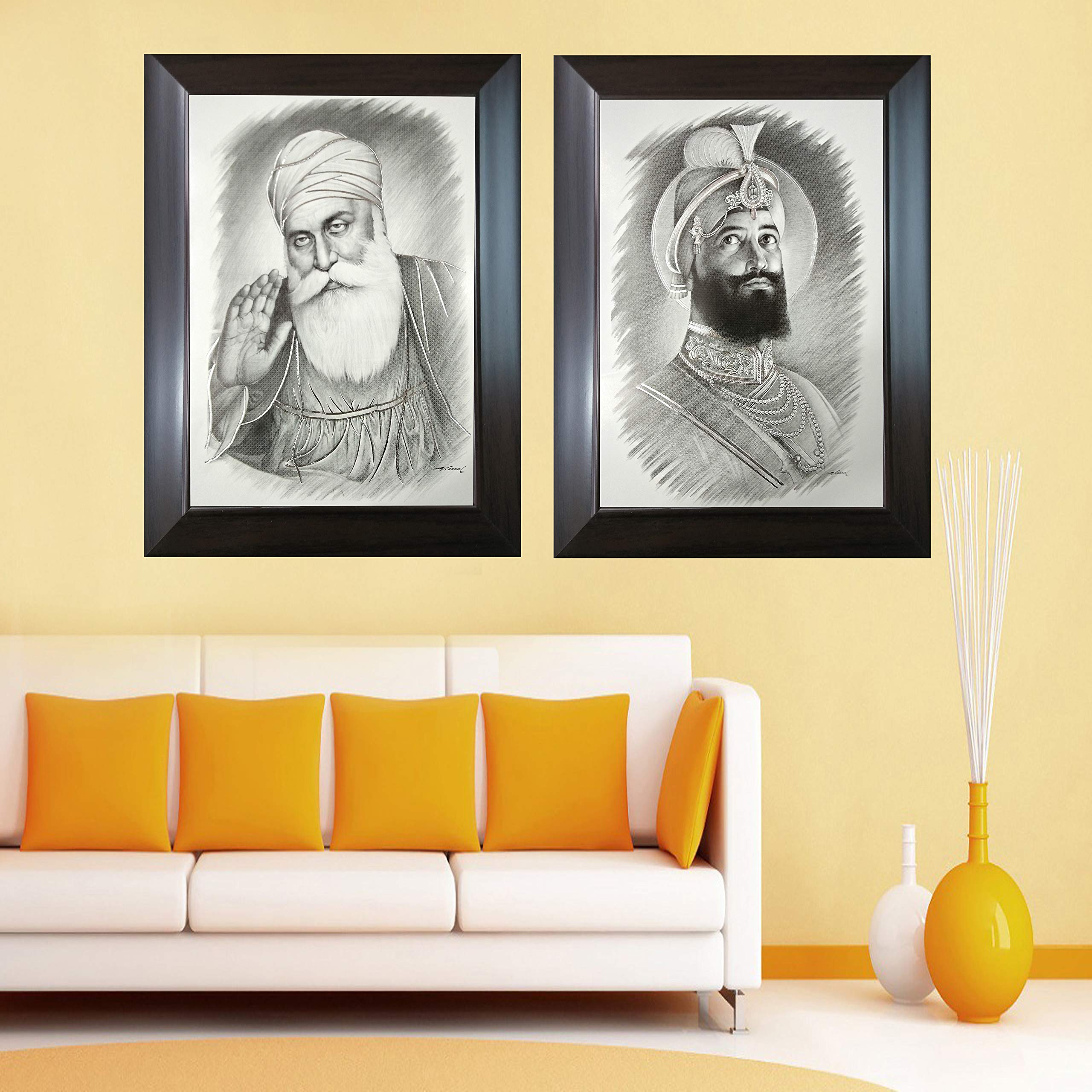 PARI ARTS Synthetic Solid Wooden Framed Canvas Wall Painting - Special Effects Sparkle Lamination Sikh Guru Sketch Set (35 x 45 cm , Multicolour , Standard )