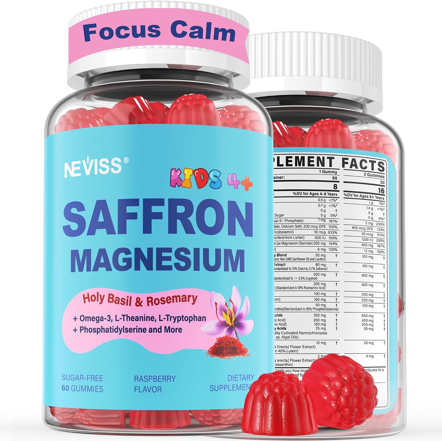 Saffron + Magnesium Glycinate+ Omega-3 - Calm Focus Gummies for Kids 4+, Saffron Extract Supplement w/L-Theanine, Holy Basil, Rosemary, B6, B9,B12, D3 for Happy Mood, Cognition,Sugar Free