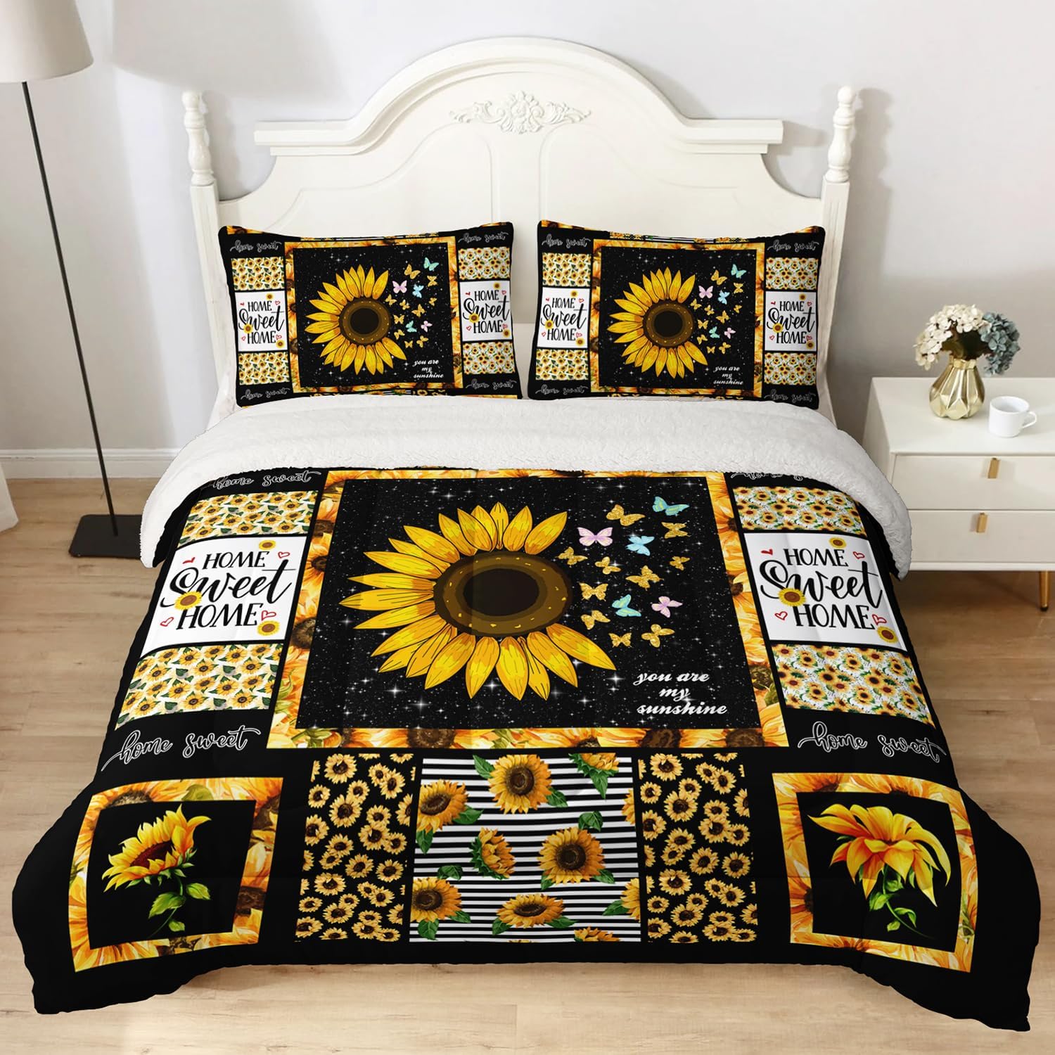 Sunflower Comforter Set Full, 3 Pcs Plush Fluffy Bedding, Black Yellow Butterfly Print Quilt, Soft Cozy Girls Teens Bedroom Decor