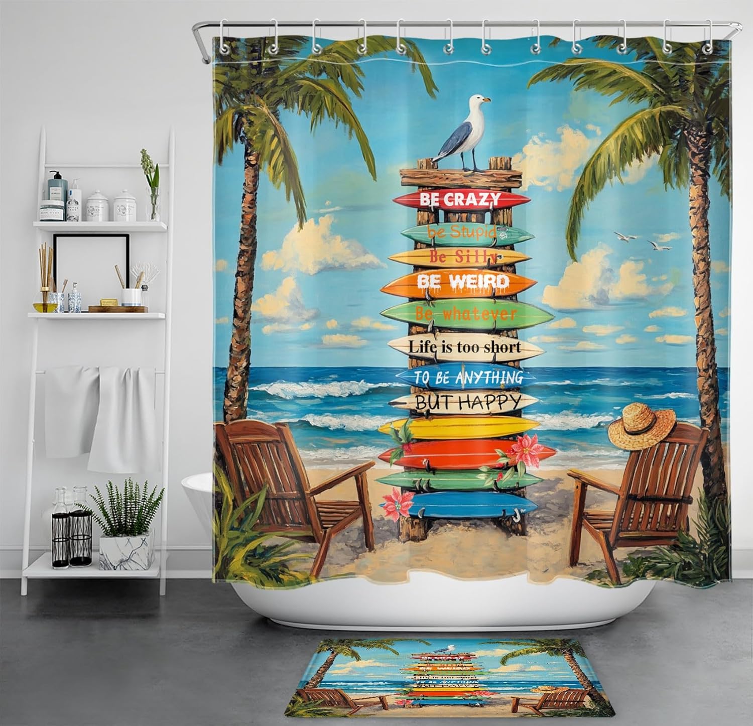 Tropical Beach Shower Curtain Set Nautical Coastal Palm Tree and Sea Scenery Shower Curtains with 12 Hooks and Memory Foam Bathroom Rugs Vintage Beachy Washable Bath Curtains Shower Set