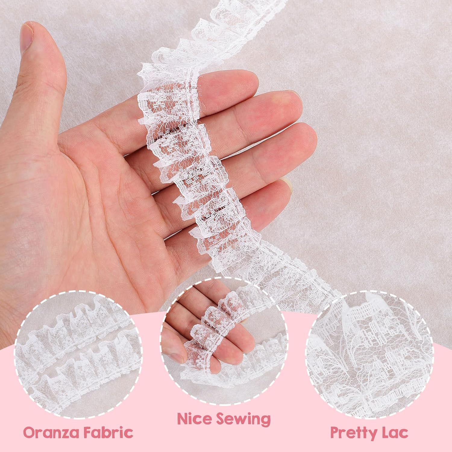 SHENLIU 16 Yards Lace Ruffle Trim, White Pleated Lace Trim Ribbon, Polyester Fabric Ribbon for Sewing Bridal Wedding Crafts DIY(15m)