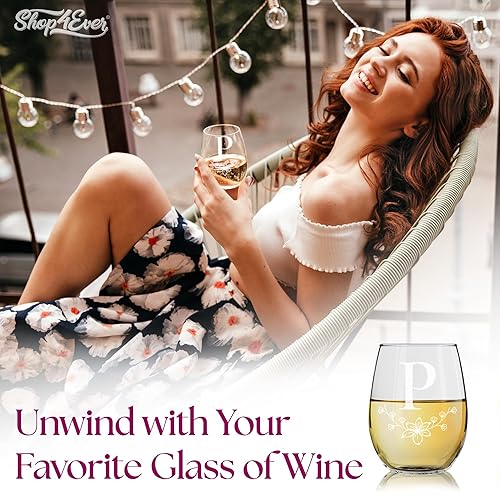 Miniatura 90 de Copa de vino con monograma floral grabada con letra inicial sin tallo, 15 onzas, regalo personalizado con monograma personalizado (A)