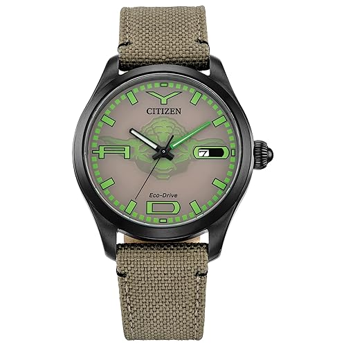 Citizen Eco-Drive Reloj Masculino Star Wars Yoda "Juzguenme por mi tamaño, ¿verdad?", Correa de Cordura, Luminiscente, 42mm (Modelo: BM6839-06W)