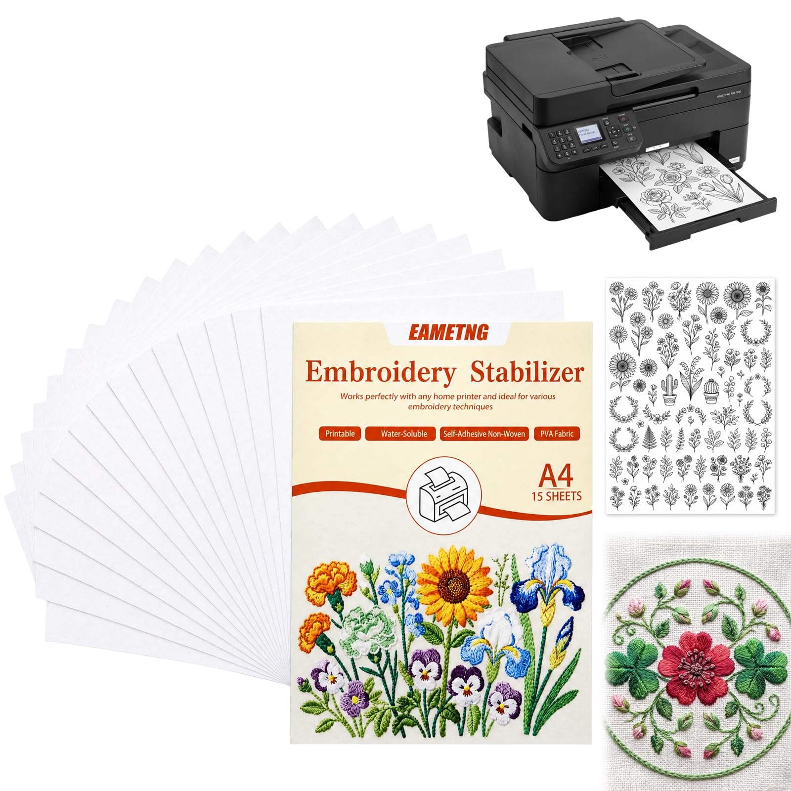 15PCS Water Soluble Embroidery Paper, Self-Adhesive, A4 8.27"x11.69"