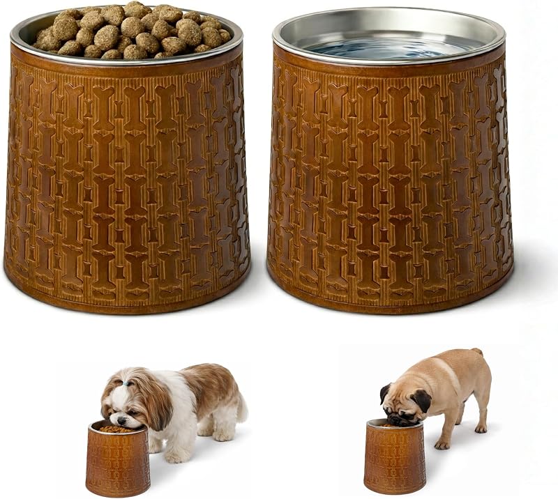 Cuencos elevados para perros pequeños, soportes de bambú de 6 pulgadas, juego de 2 | Incluye 2 tazones de acero inoxidable; estación elevada de alimentación de alimentos y agua; soportes elevados para cuencos para perros