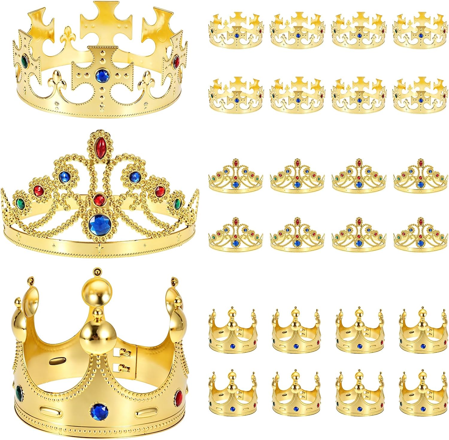 24 Pack Gold Royal Crown Set, King Queen Prince Costume Crowns with Rhinestones, Adjustable Plastic Party Crown Accessories for Halloween Cosplay, Wedding, Birthday & Formal Banquet